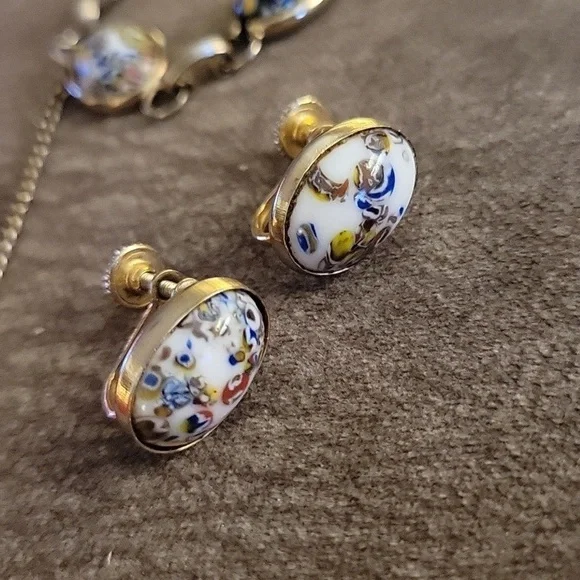 WEISS Antique Venetian Glass Cabochon Chain Bracelet Screw-on Earrings Set - Picture 5 of 7